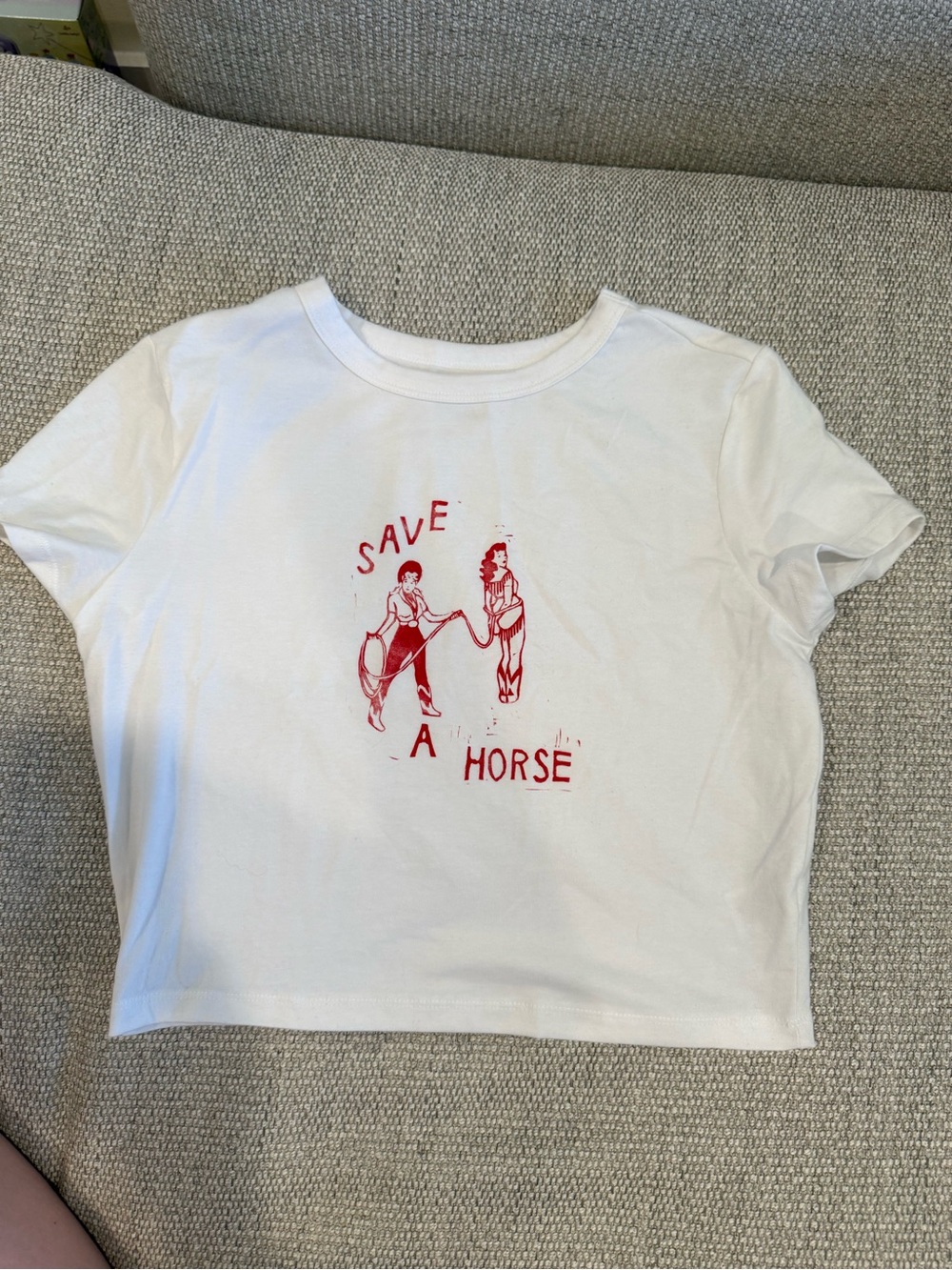 White Graphic Crop Tee with Red 'Save a Horse' Print